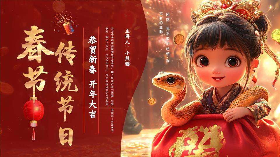 福袋女孩与蛇春节文化宣传PPT0