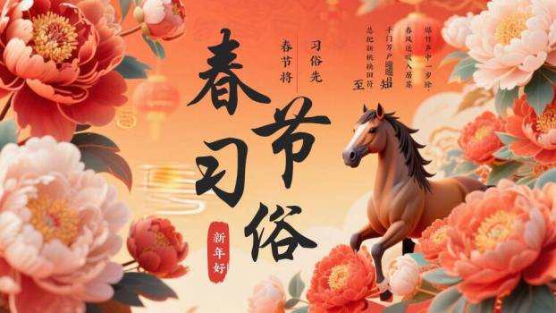 骏马牡丹诗画春节文化科普PPT0