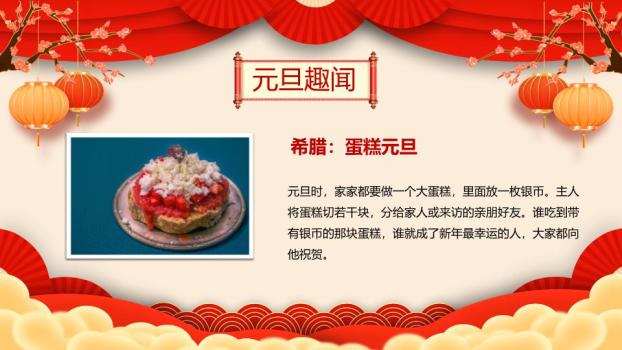 童趣舞狮花纹边框元旦联欢会PPT5