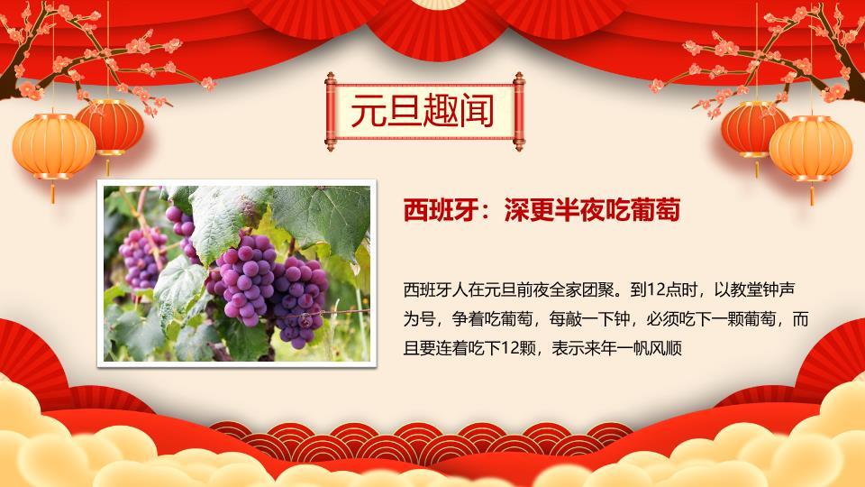 童趣舞狮花纹边框元旦联欢会PPT7