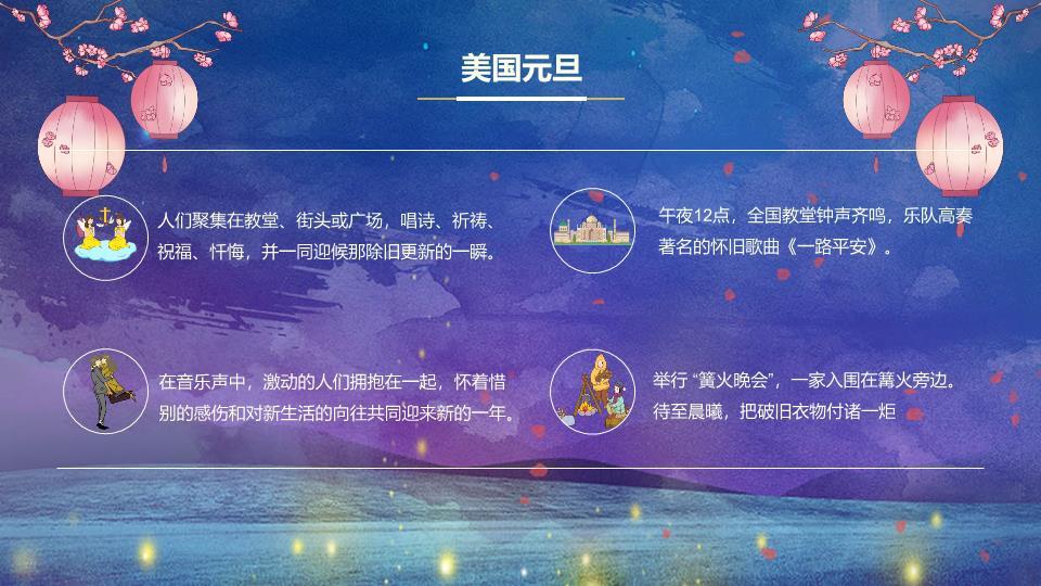 蓝紫夜空樱花元旦手绘祝福PPT模板3