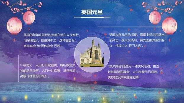 蓝紫夜空樱花元旦手绘祝福PPT模板4