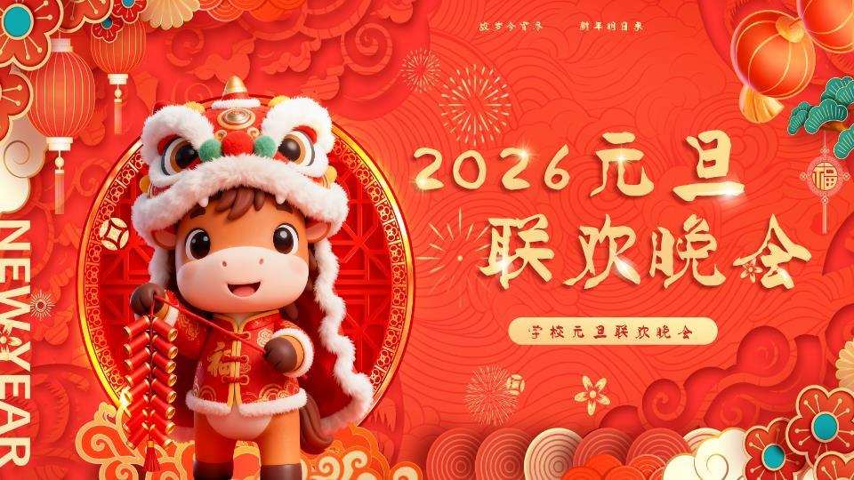 圆形窗格舞狮小马晚会PPT0