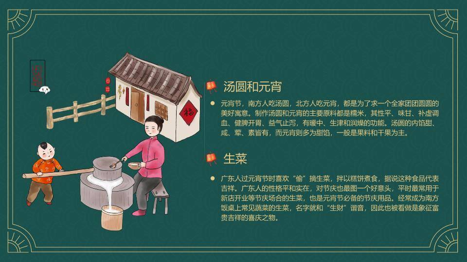古典绿底元宵知识正式汇报PPT5