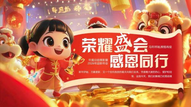 童趣舞狮风年度感恩盛会PPT模板0