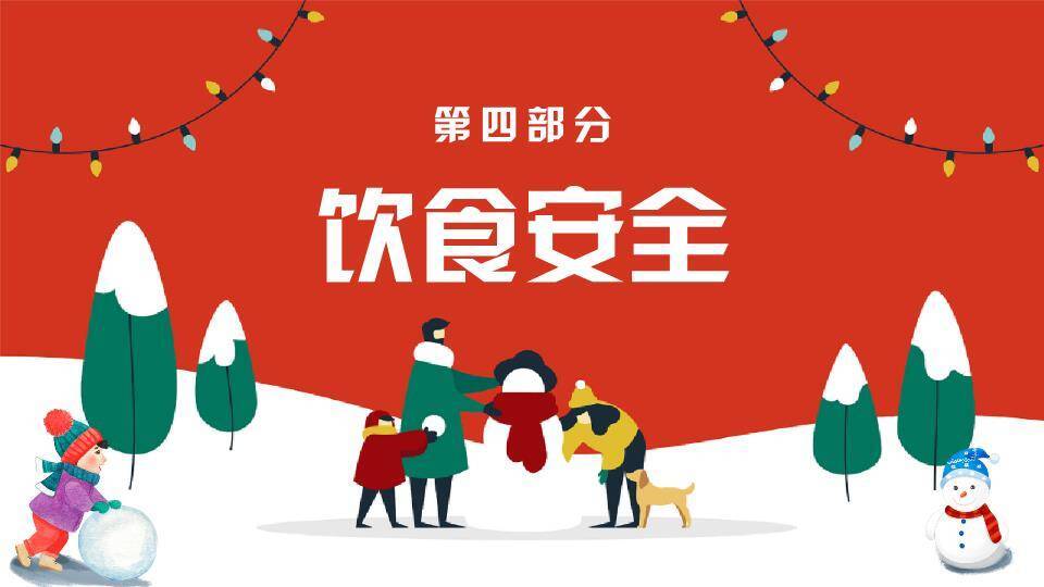 彩灯绿树家庭堆雪人寒假安全班会PPT模板2