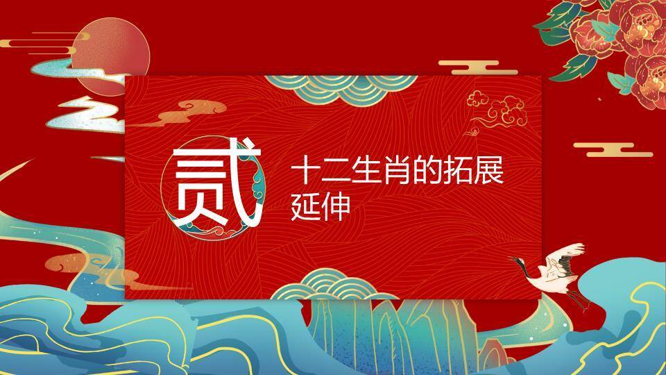 山水波浪纹仙鹤日出十二生肖介绍PPT模板2