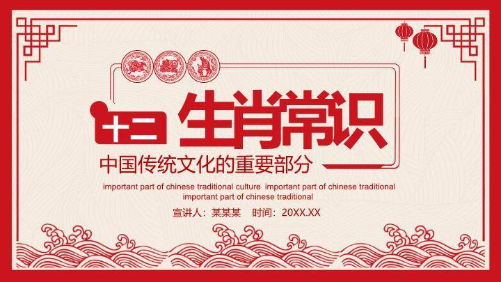 回纹边框灯笼图标十二生肖知识讲解PPT模板0