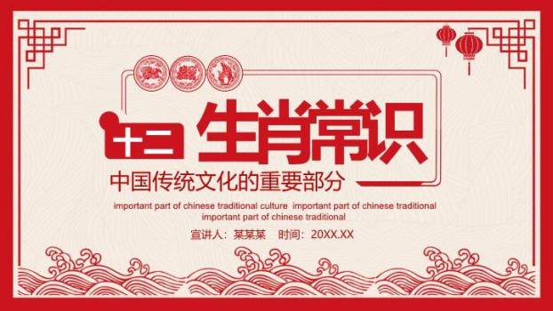 回纹边框灯笼图标十二生肖知识讲解PPT模板0