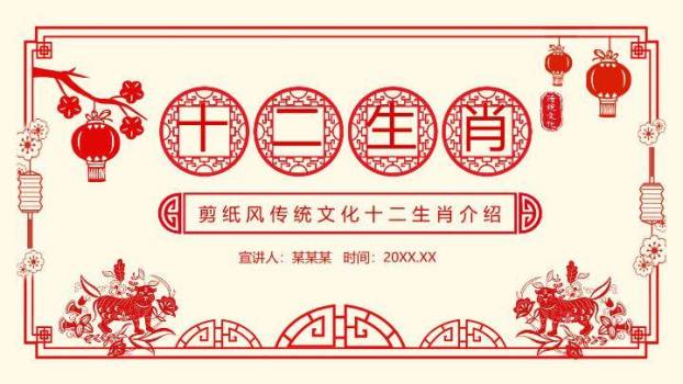 灯笼梅花对联边框十二生肖主题PPT模板0