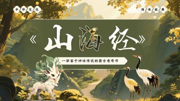 神兽仙鹤山水宣传PPT模板0