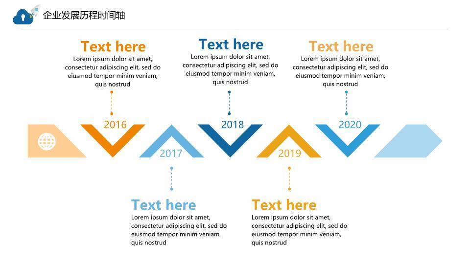 云朵火箭星球卡通活泼企业发展历程时间轴PPT模板3