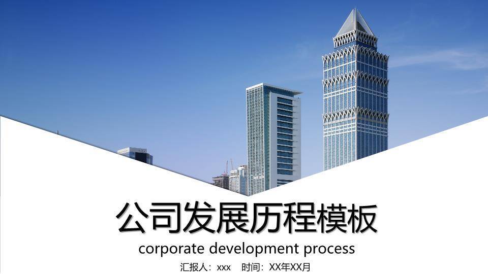 建筑俯视蓝色大字企业发展历程汇报时间轴PPT模板0