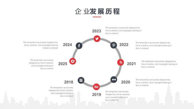 网格城市剪影双语关键词企业发展时间轴PPT模板6