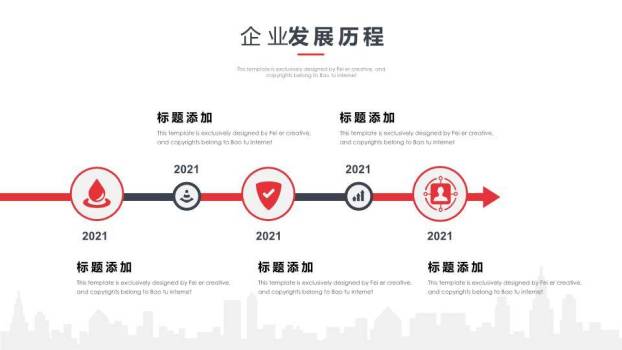 网格城市剪影双语关键词企业发展时间轴PPT模板7