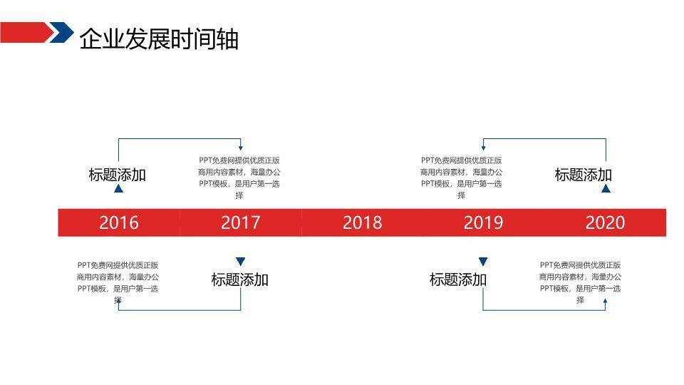 蓝红渐变分割抽象城市企业规划时间轴PPT模板6