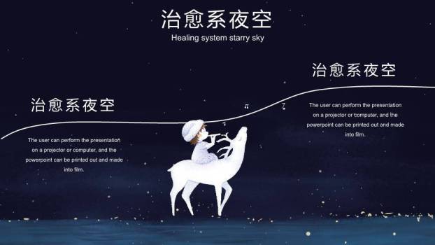 蓝色唯美动漫夜空月光水鹿意境PPT封面模板2