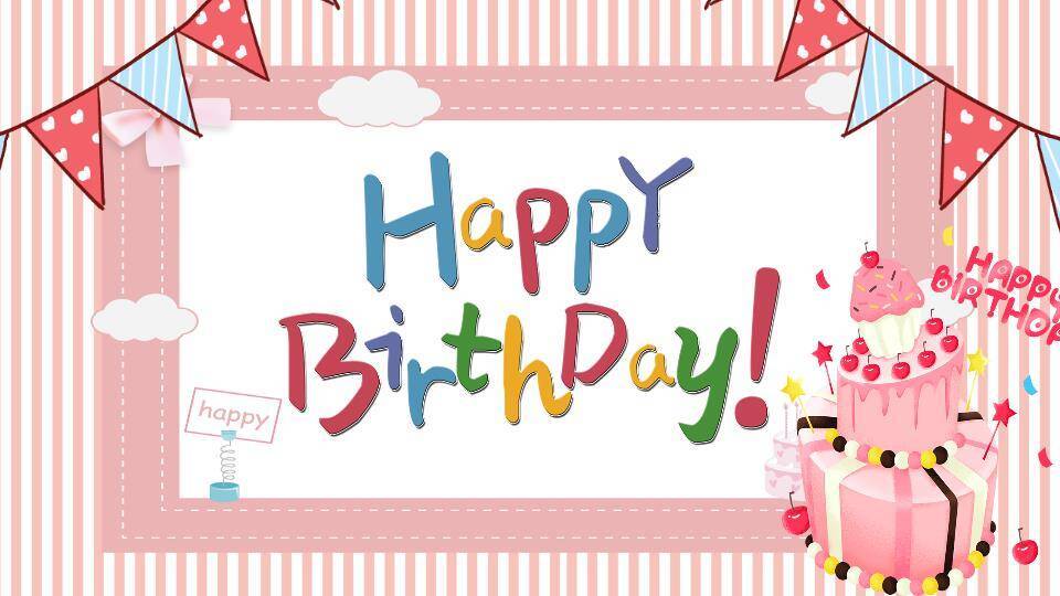 粉色条纹蛋糕儿童生日邀请函PPT模板0