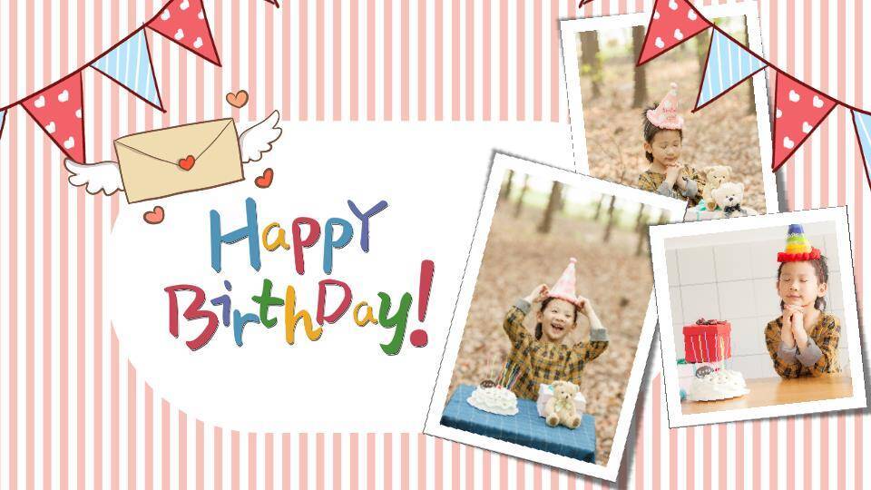 粉色条纹蛋糕儿童生日邀请函PPT模板3