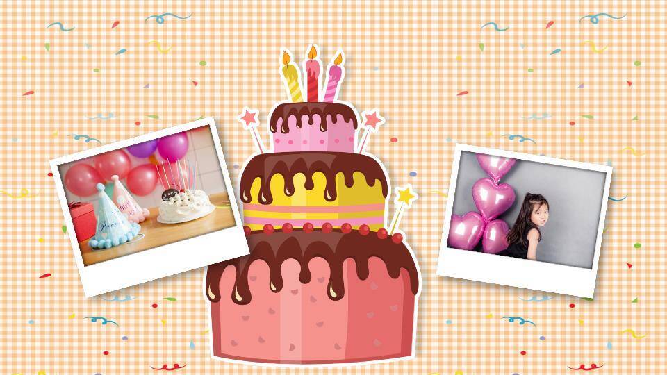 格子卡通女孩儿童生日祝福卡片PPT模板9