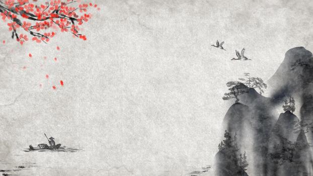 灰色中国风红梅山水PPT背景图片0