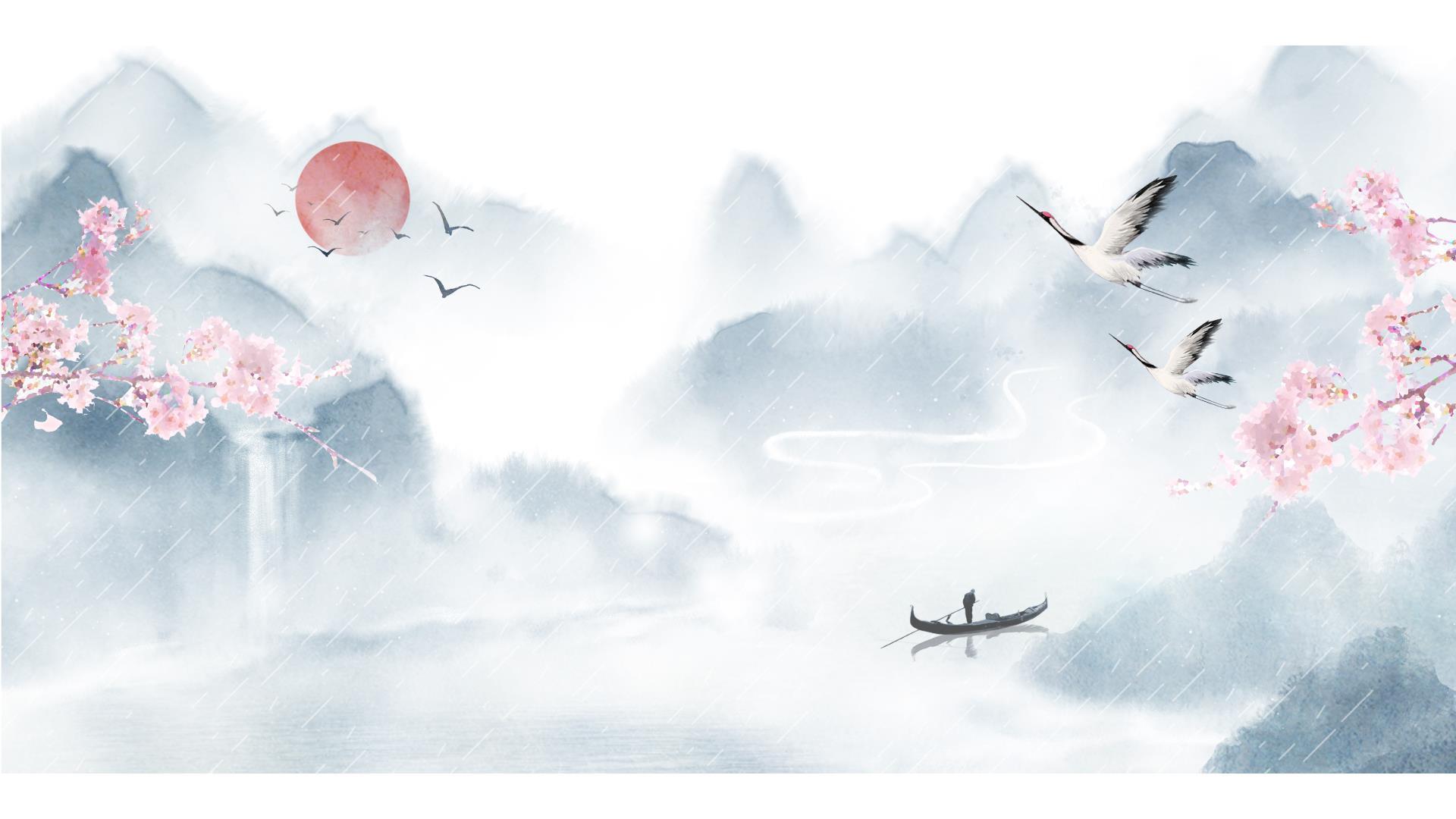 白色中国风水墨飞鹤PPT背景图片0