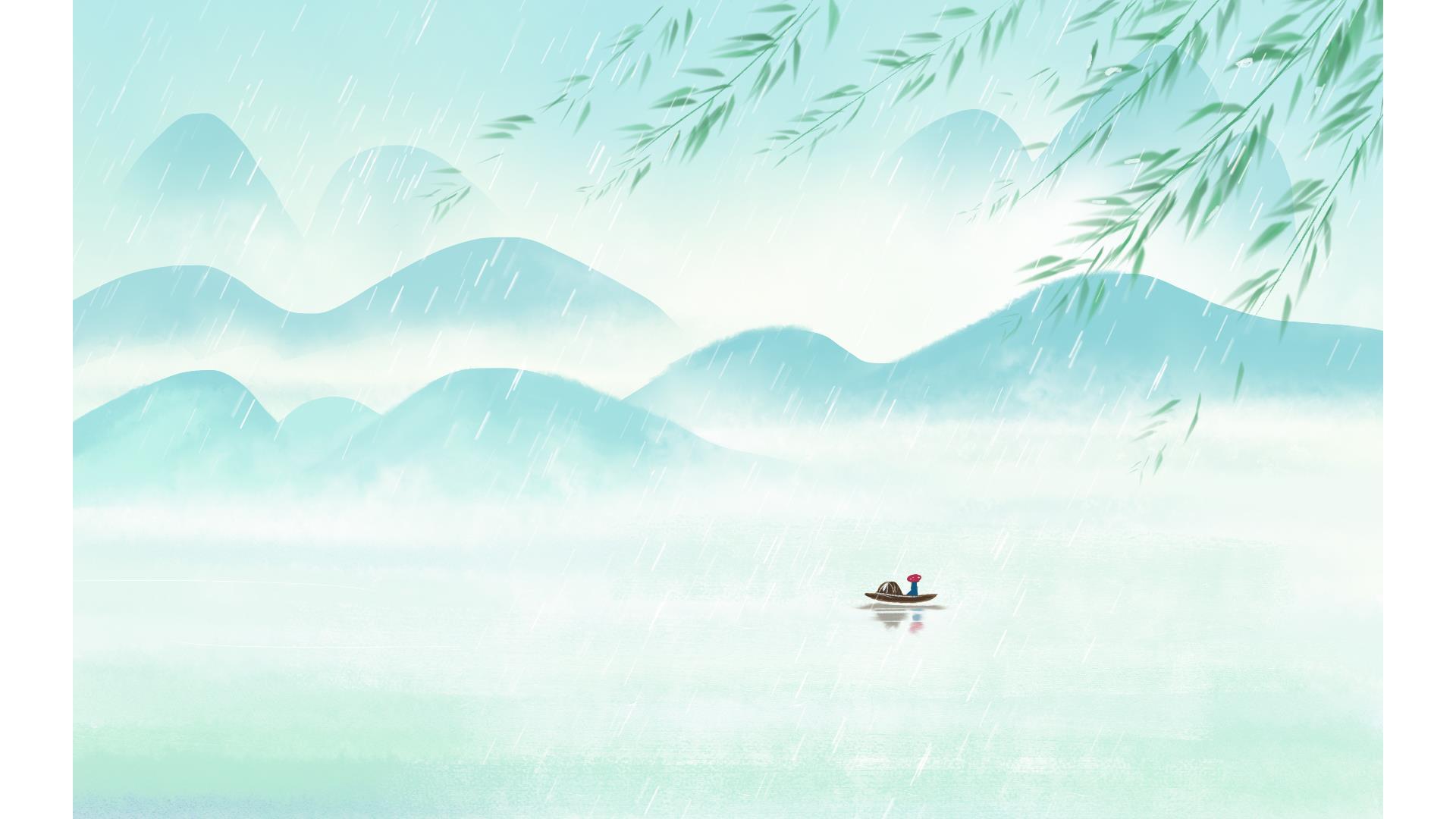 青色中国风烟雨江南PPT背景图片0