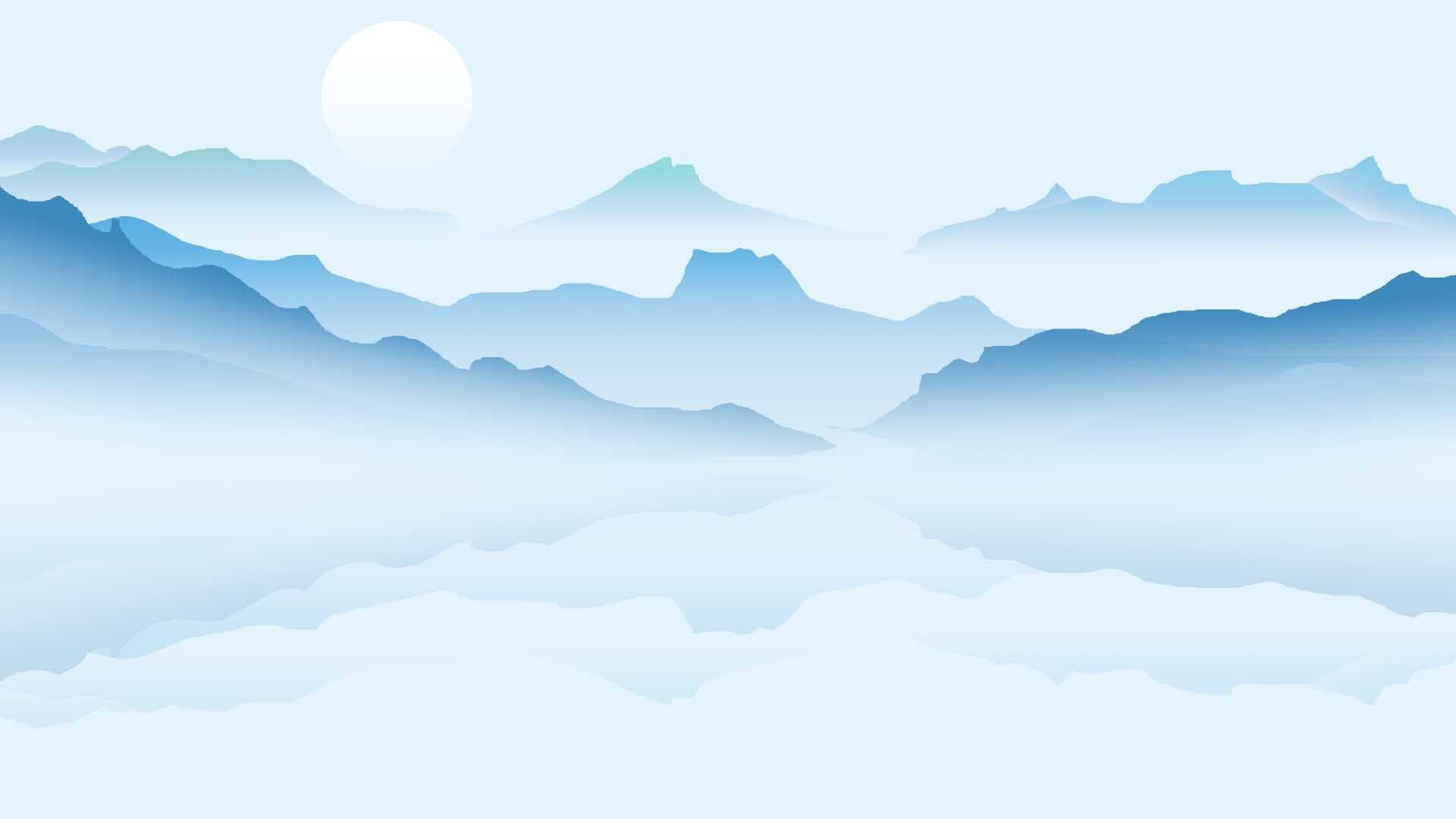 蓝色中国风山水雾境PPT背景图片0