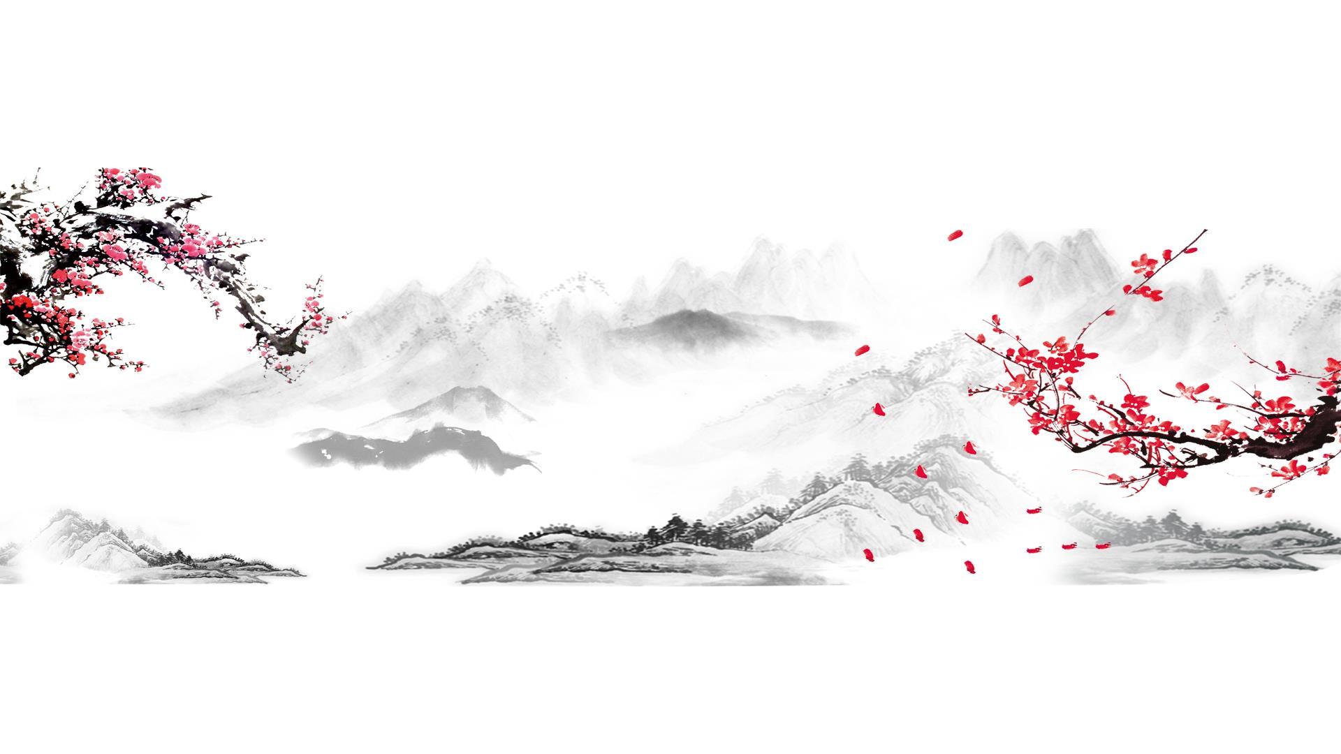 红色中国风红梅山水PPT背景图片0