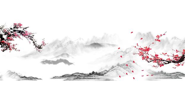 红色中国风红梅山水PPT背景图片0