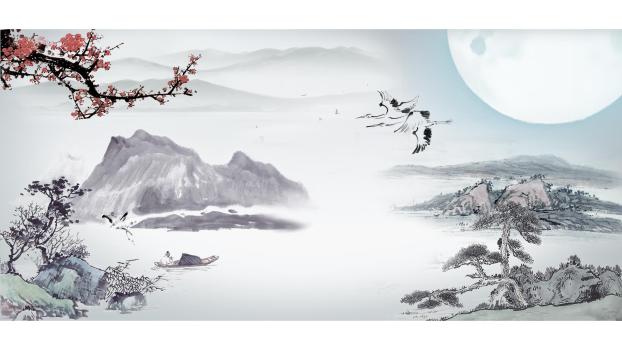 白色中国风水墨山水PPT背景图片0