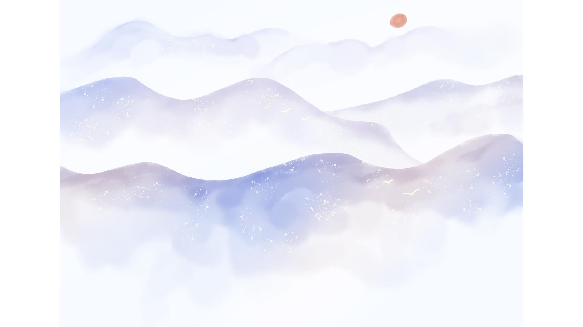 青色手绘水彩山水PPT背景图片0