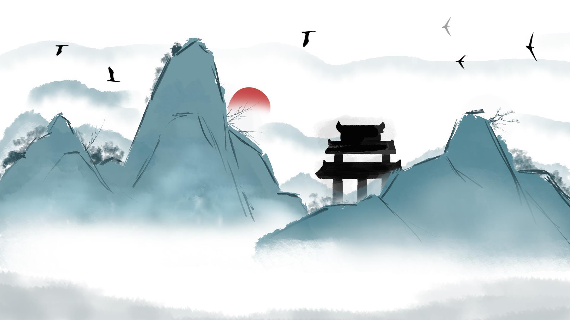 青灰山水晨曦意境PPT背景0