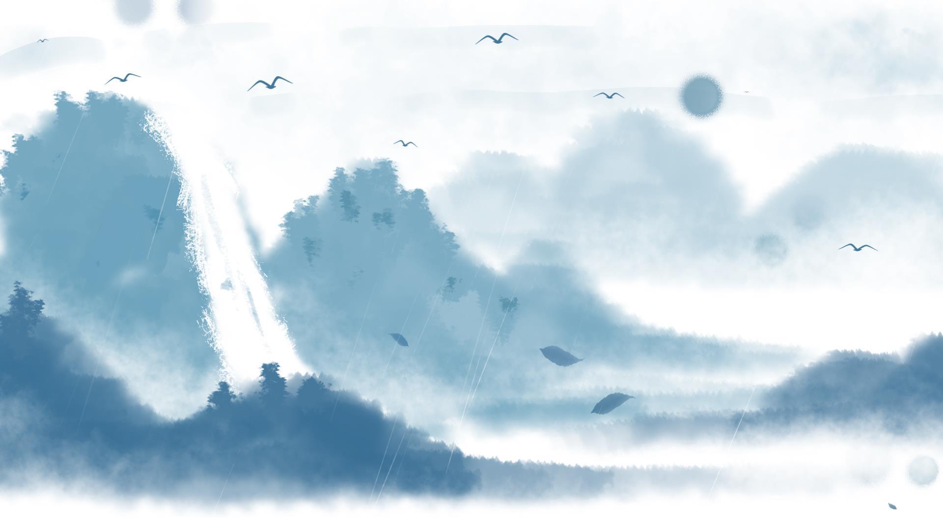 青色中国风水墨意境PPT背景图片0