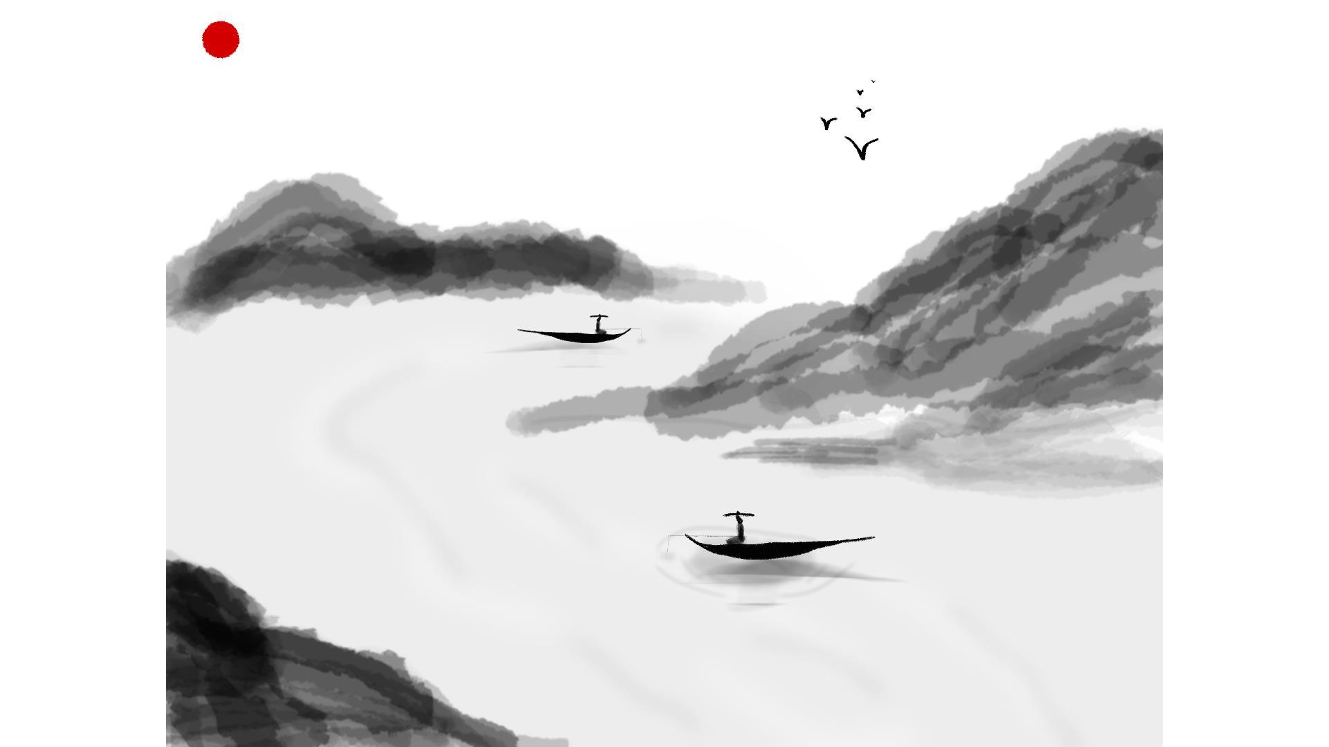 灰色中国风水墨孤舟PPT背景0