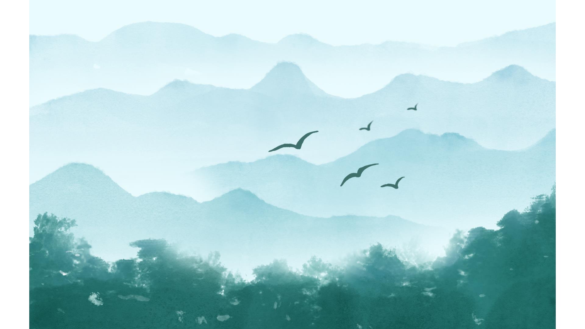 青绿山水飞鸟远行PPT背景0