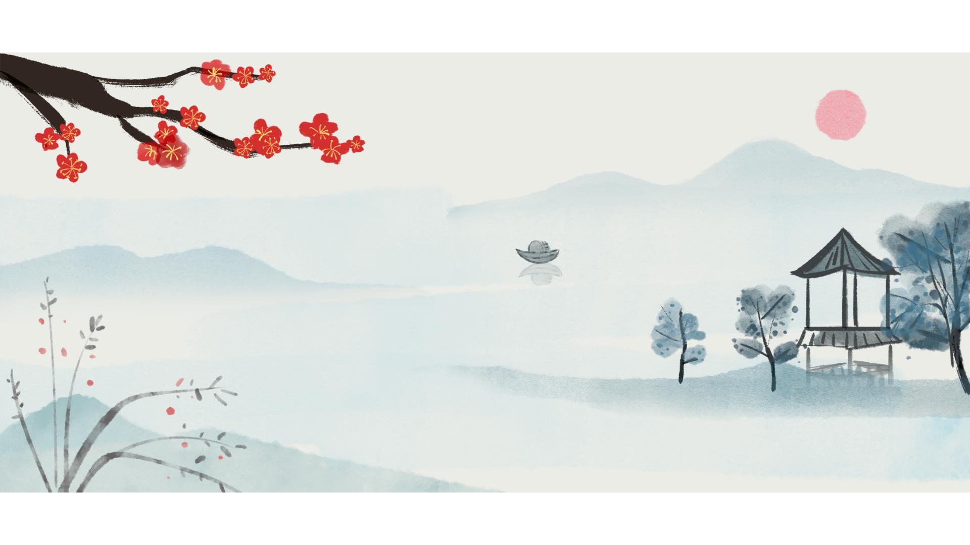 灰色中国风梅枝山水PPT背景0