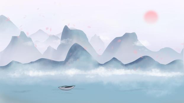 蓝色中国风水墨山水PPT背景0