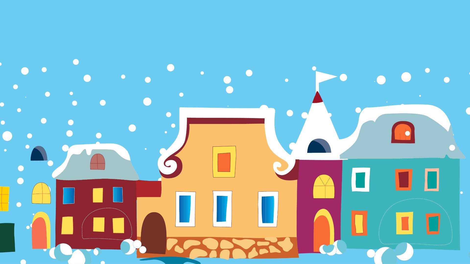 蓝色卡通风格雪景小镇PPT背景0