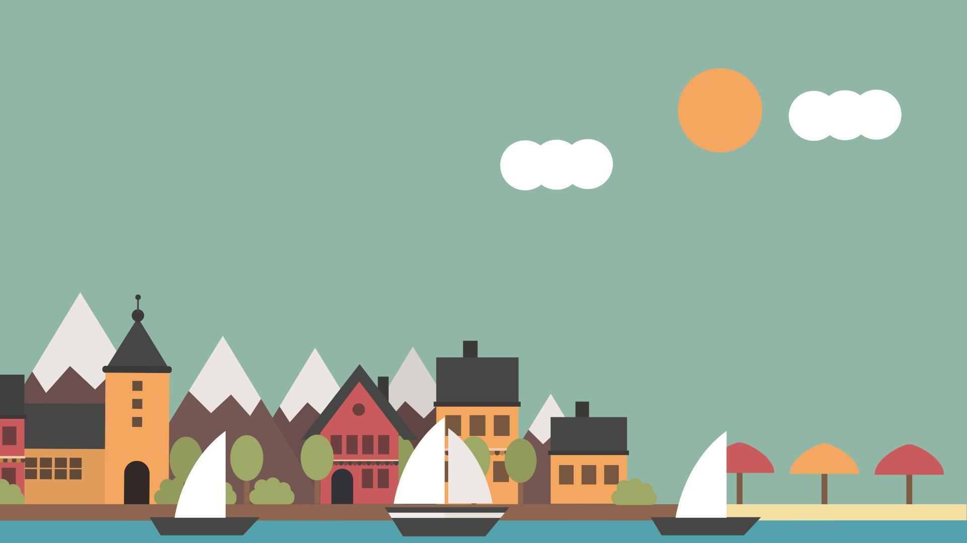 绿色卡通风格湖畔小镇PPT背景0