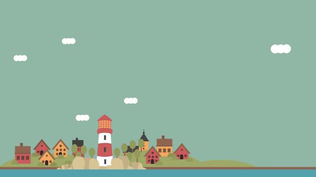 绿色卡通风格灯塔小镇PPT背景0