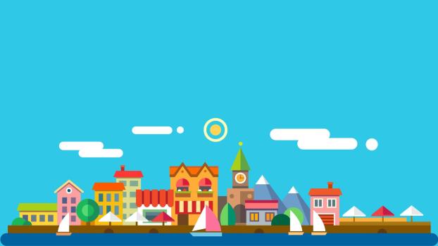 蓝色卡通风格海滨小镇PPT背景0