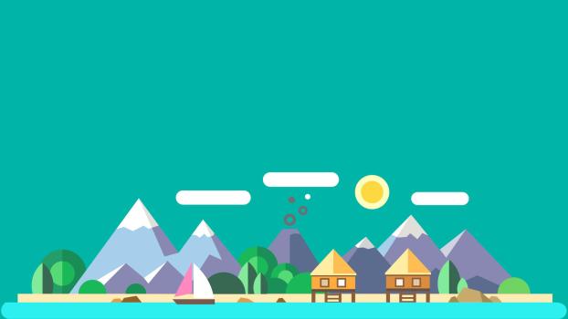 绿色卡通风格雪山湖畔PPT背景0