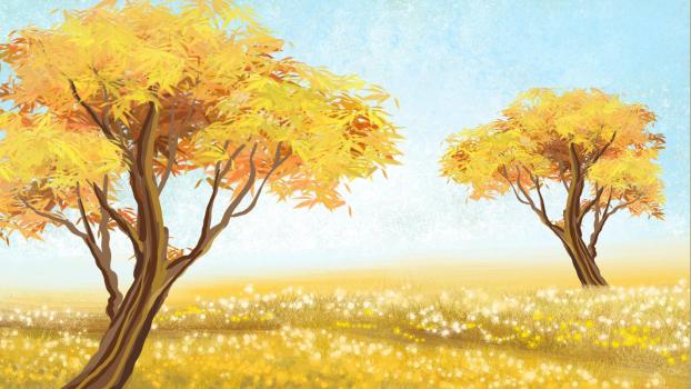 黄色小清新秋季树林PPT背景0