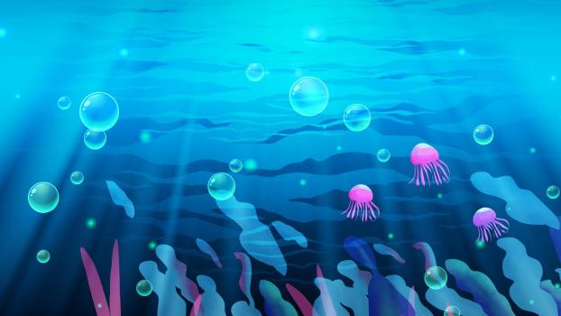 蓝色卡通风格海洋水母PPT背景0