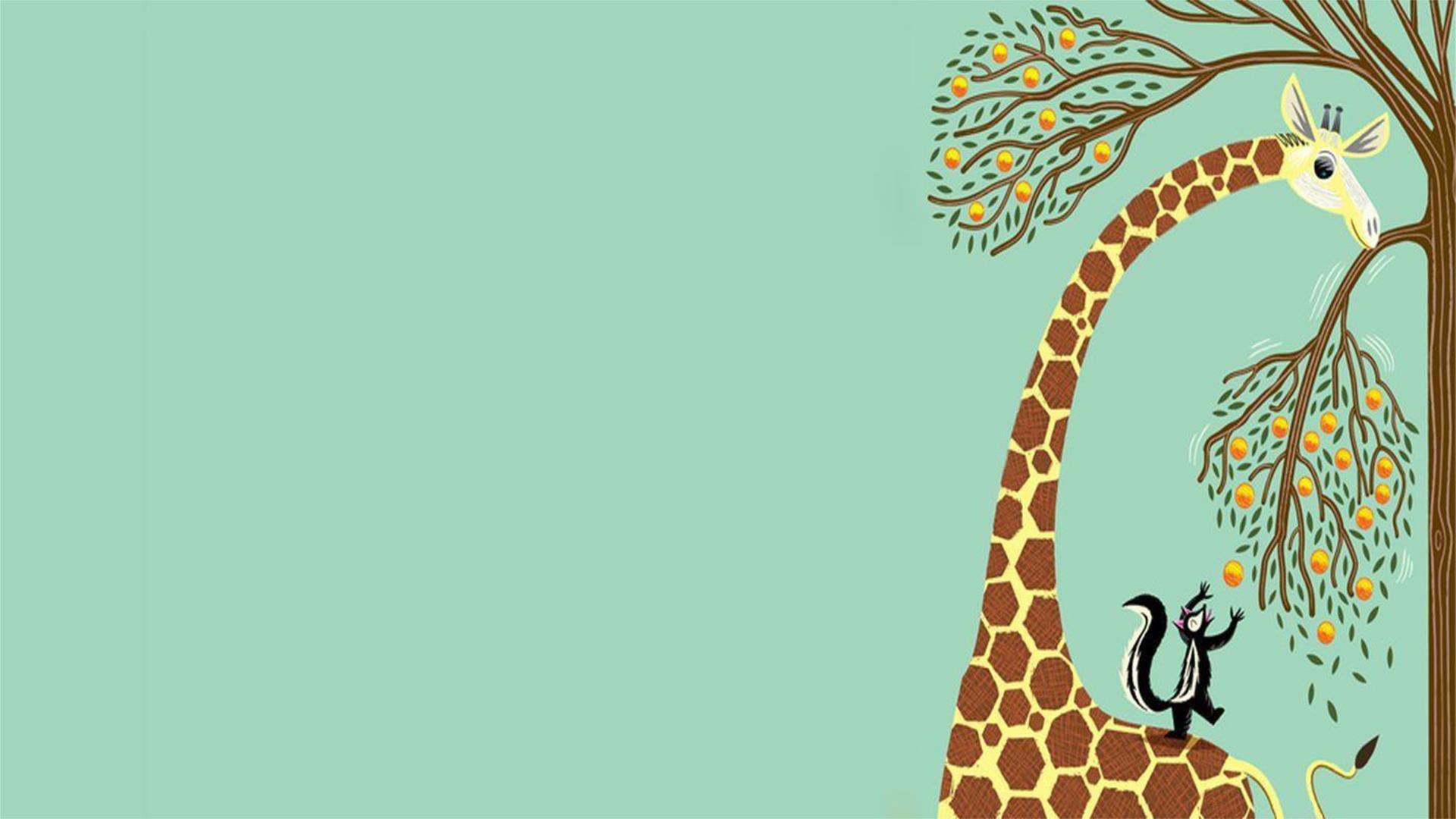 绿色卡通风格长颈鹿吃果PPT背景0