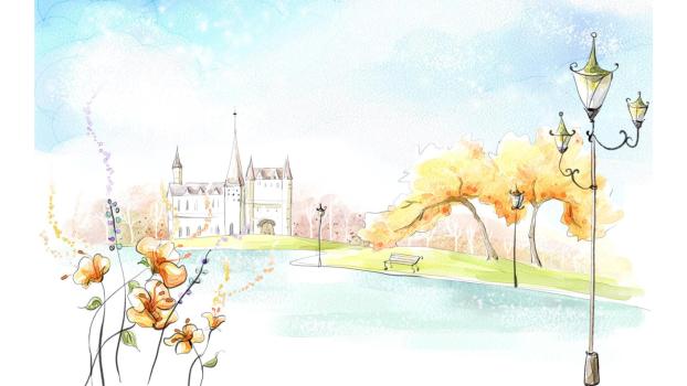 橙色小清新水彩城堡PPT背景0