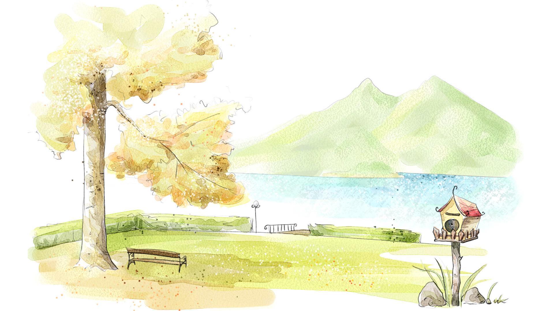 绿色卡通风格秋日湖畔PPT背景0