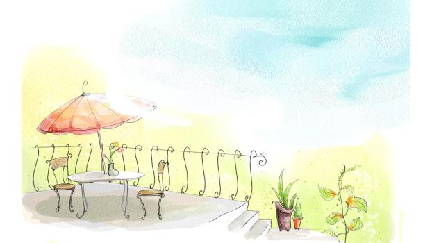 黄色卡通风格阳台休闲PPT背景0