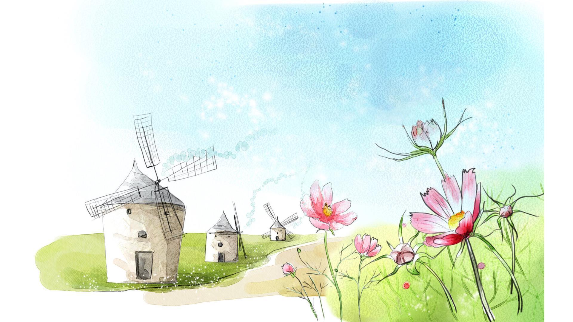 绿色卡通风格田园风车PPT背景0